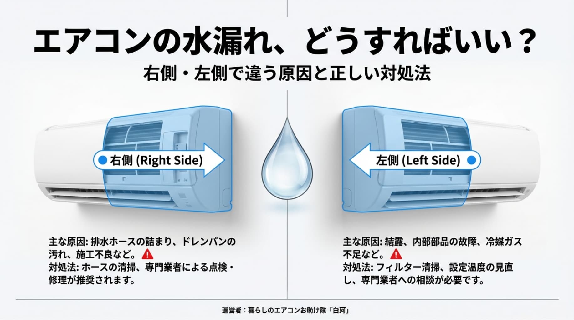 エアコンの右側と左側で異なる水漏れの原因（詰まり・結露・傾きなど）と、それぞれの対処法をまとめた概要スライド。