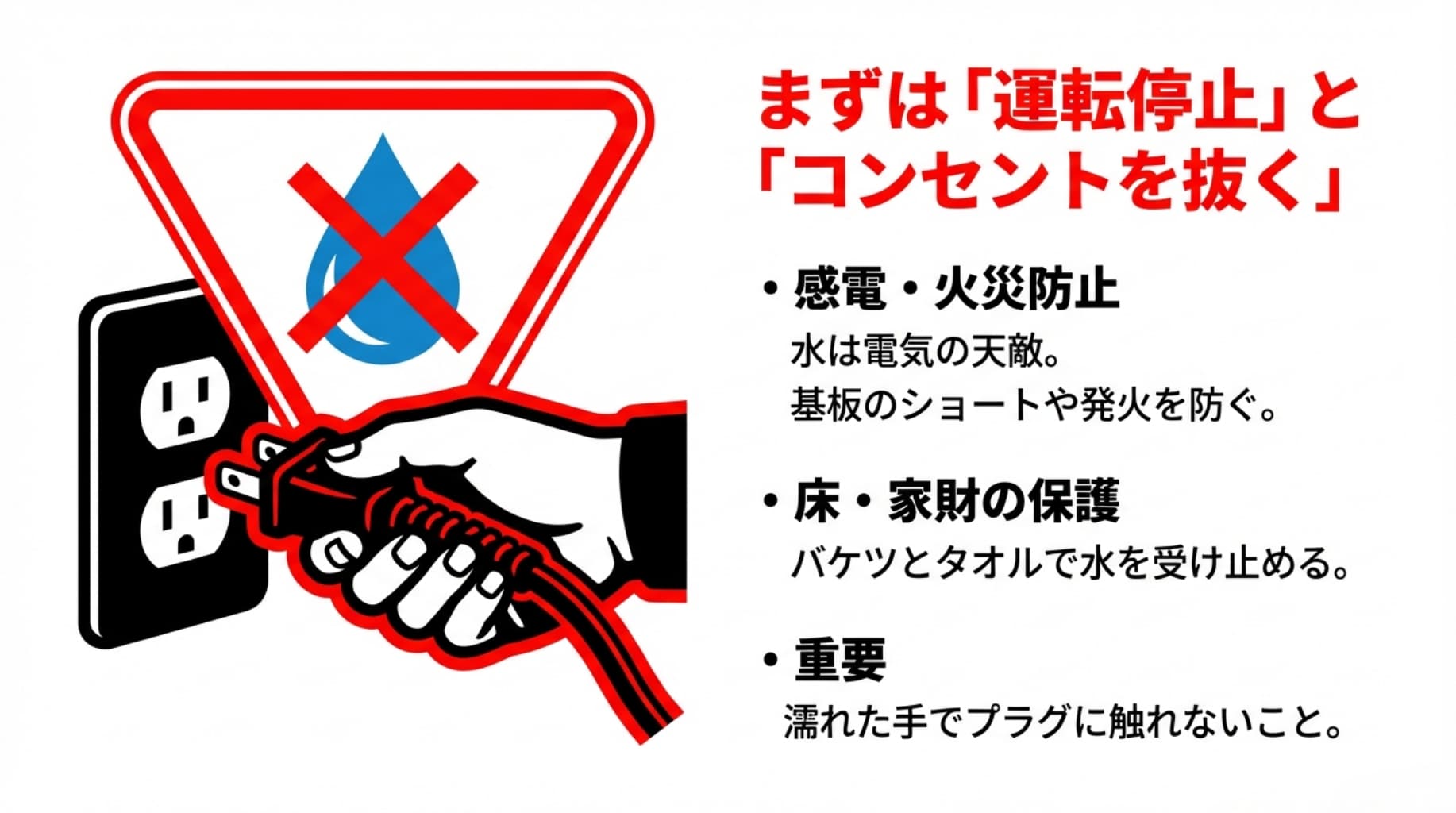 水漏れによる感電・火災・基板ショートを防ぐため、運転を停止し濡れた手で触らずにコンセントを抜くよう注意を促すイラスト。