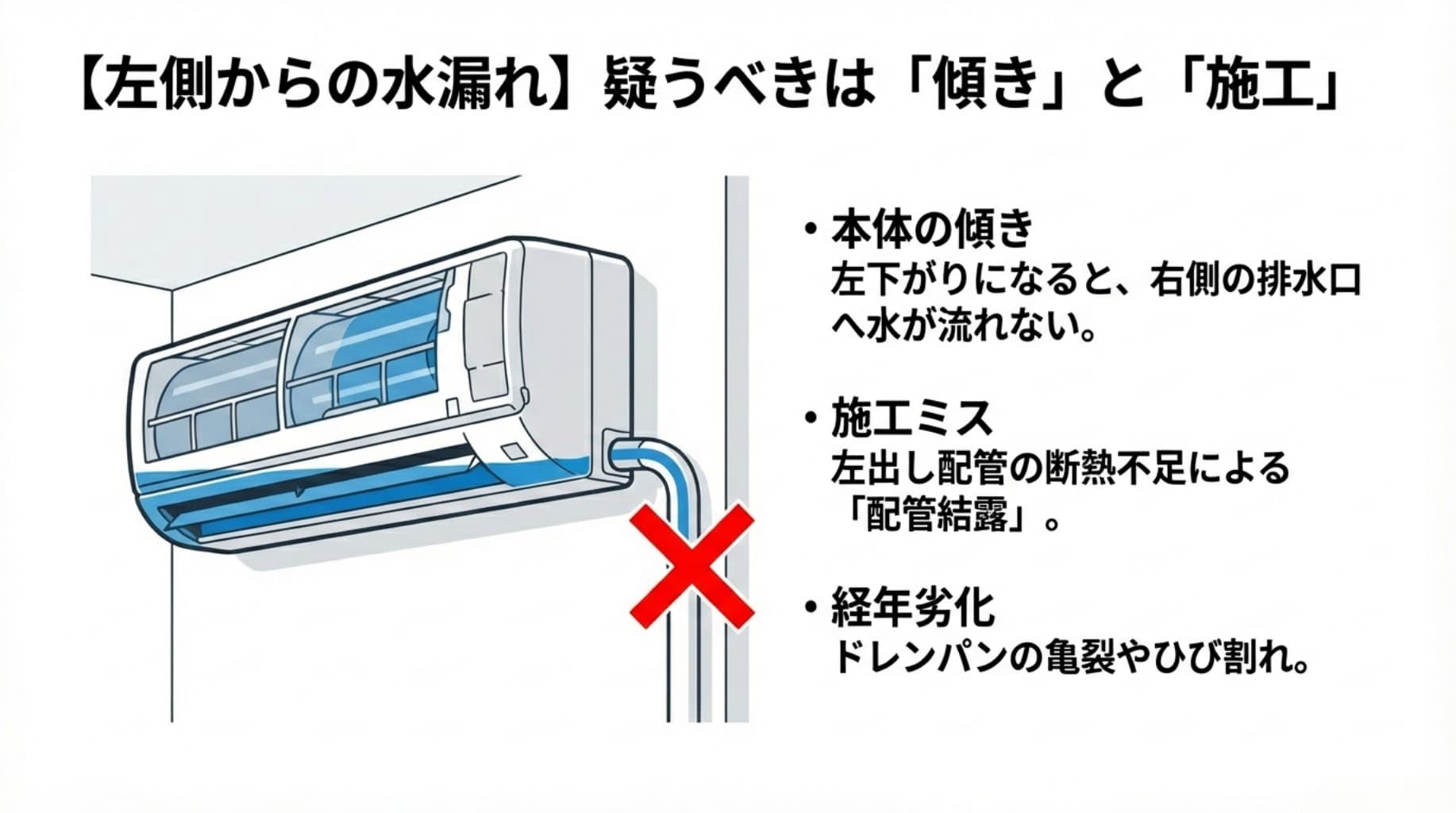 本体が左下がりに傾くと右側の排水口へ水が流れなくなる様子や、左出し配管の断熱不足、ドレンパンの亀裂を説明する図。