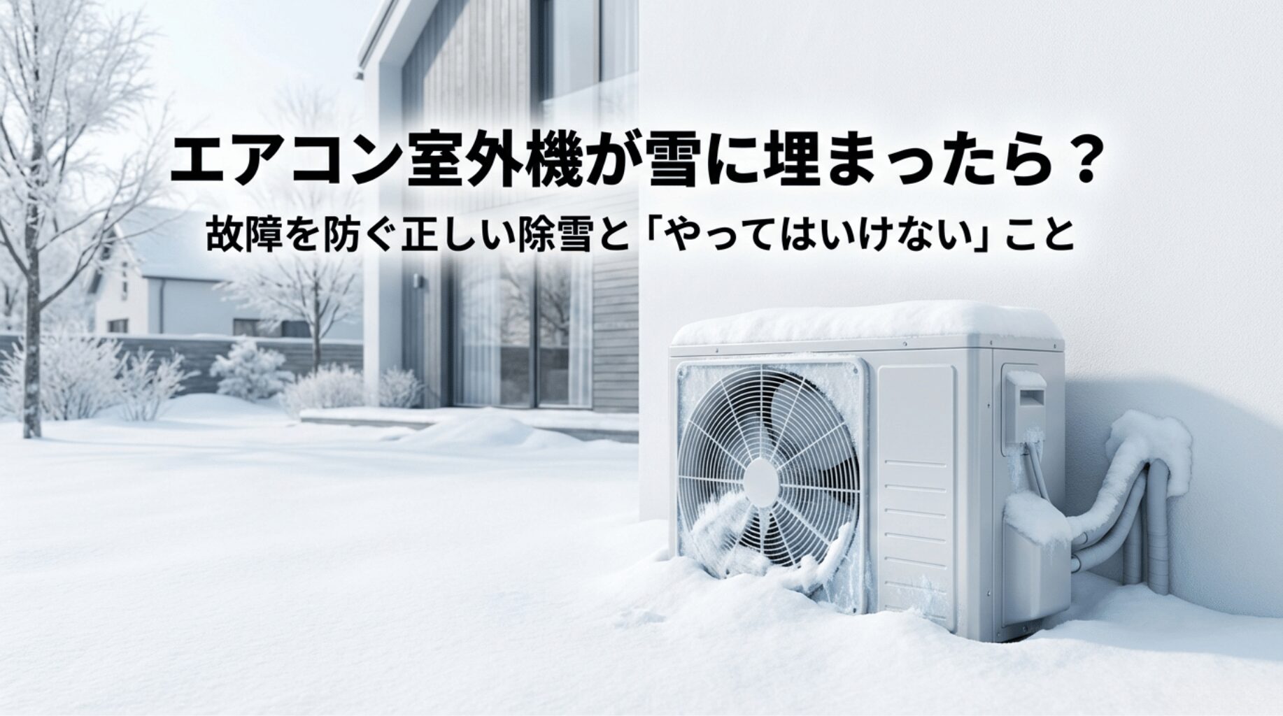 雪に埋まった室外機のイラストと「故障を防ぐ正しい除雪」のタイトル