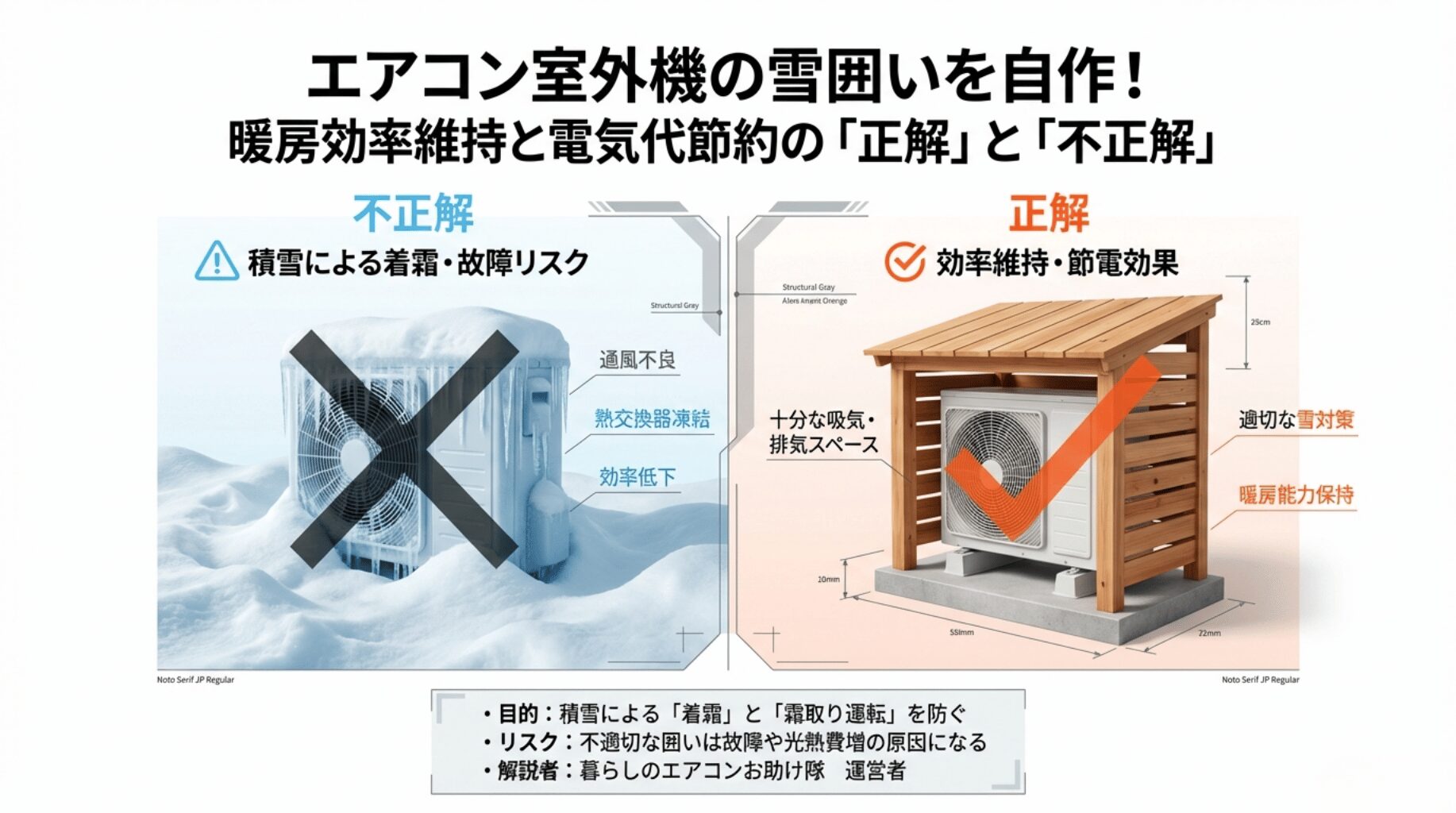 雪で凍結した室外機の「不正解」例と、適切な隙間を空けて木製の雪囲いを設置した「正解」例を比較した解説図。