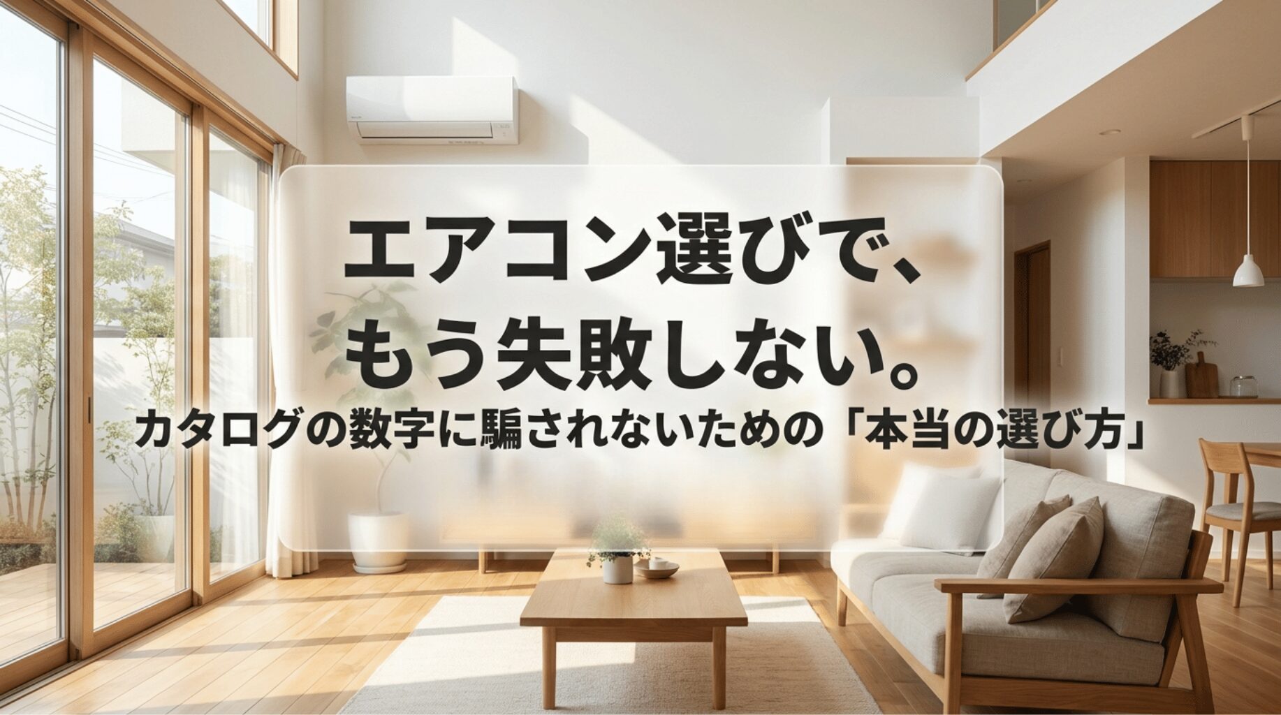 明るいリビングに設置されたエアコンと、カタログの数字に惑わされない選び方を示すタイトルスライド