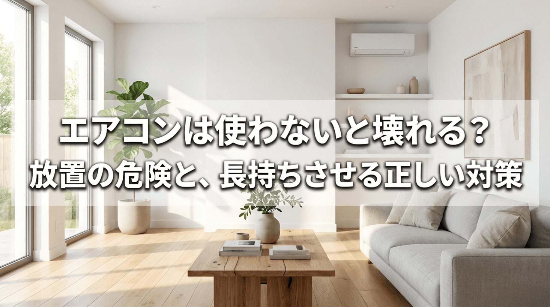 明るいリビングに設置されたエアコンと、使わない期間の放置リスクや長持ちさせる対策を示すタイトルスライド